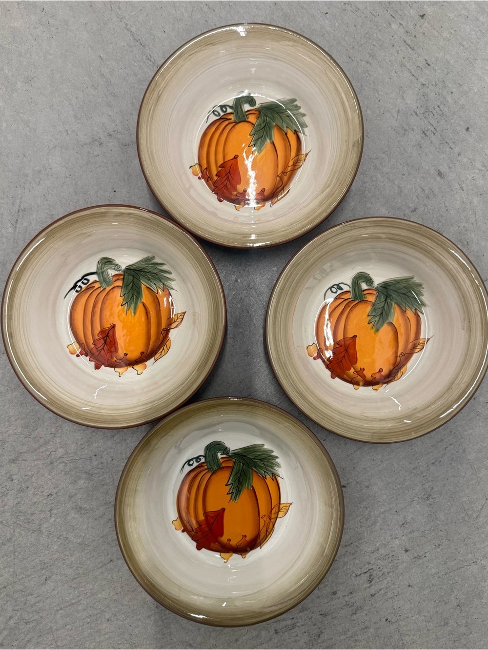 $50 FIRM - Set of 4 Ceramic Soup / Cereal Bowls with hand-painted Pumpkin design